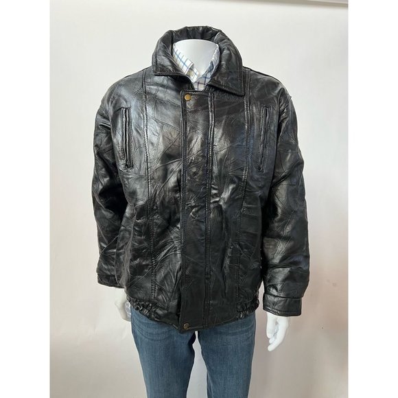 Vintage Maxam Mens Leather Jacket Black Grain Lambskin Zipped Pockets Collared L - Picture 1 of 12